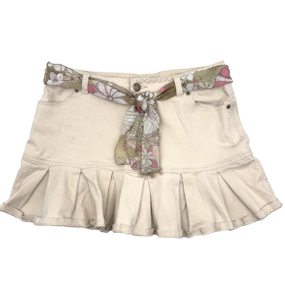 Vintage 00s Y2K Ellemenno Beige Denim Scarf Belt Pleated Micro Skirt Jr 7 30x13" - Picture 1 of 12